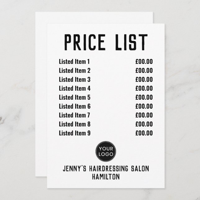 Carte de prix Barshop ou Coiffeur (Devant / Derrière)