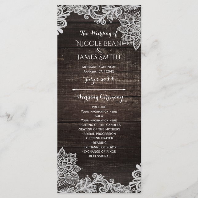 Carte de programme de mariage en bois rustique fon (Devant)