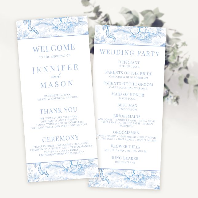 Carte de programme de mariage floral Blue Chinoise (Créateur téléchargé)