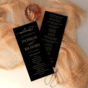 Carte de programme de mariage noir avec écriture d