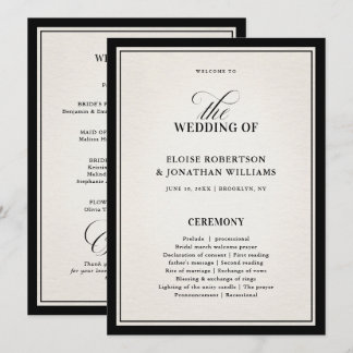 Carte de programme de mariage noir formel moderne