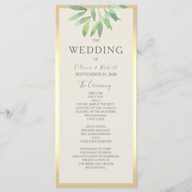 Carte de Programme de Mariage Vert Doré (Devant)