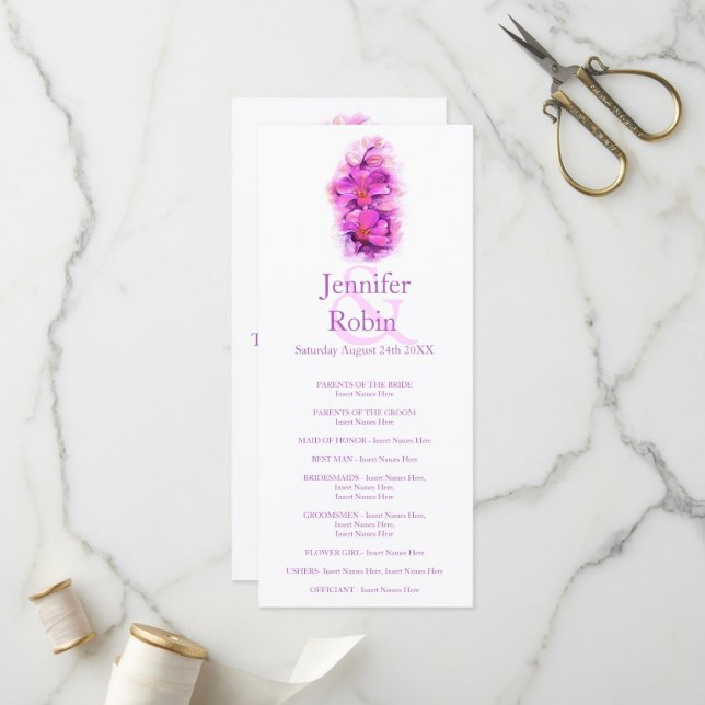 Carte de programme de mariage violet rose orchidée (Devant/Arrière en situation)