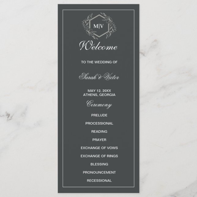 Carte de programme double côté Charcoal Grey Monog (Devant)