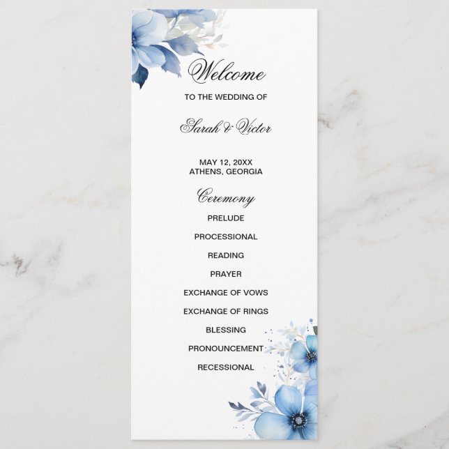 Carte de programme double face à motif floral bleu (Devant)