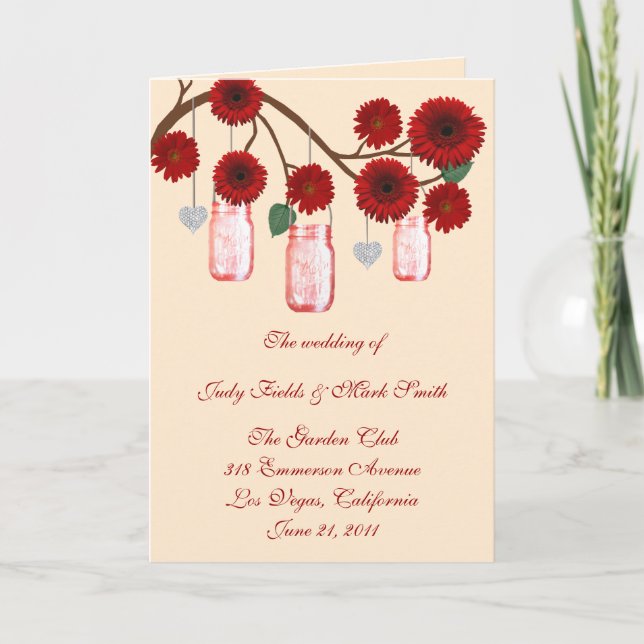 Carte de programme Red Flowers Mason Jars (Devant)