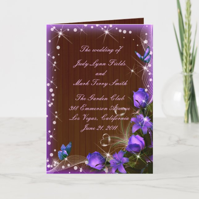 Carte de programme Rustic Dark Wood Purple Floral (Devant)