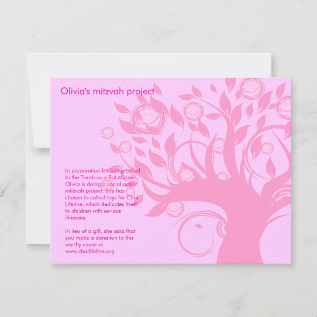 Carte de projet Bat mitzvah rose Arbre de vie (Devant)