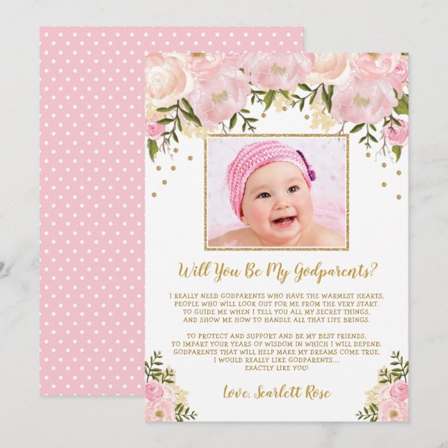 Carte de proposition Blush Pink Gold Floral Godpar (Devant / Derrière)