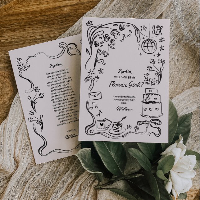 Carte de proposition de fille à fleurs dessinée à  (flower girl proposal card)
