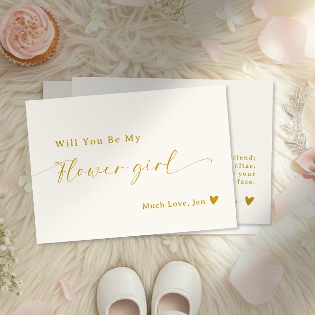 Carte de proposition pour fille de script en or bl (Creamy White Gold Script Flower Girl Proposal Card)