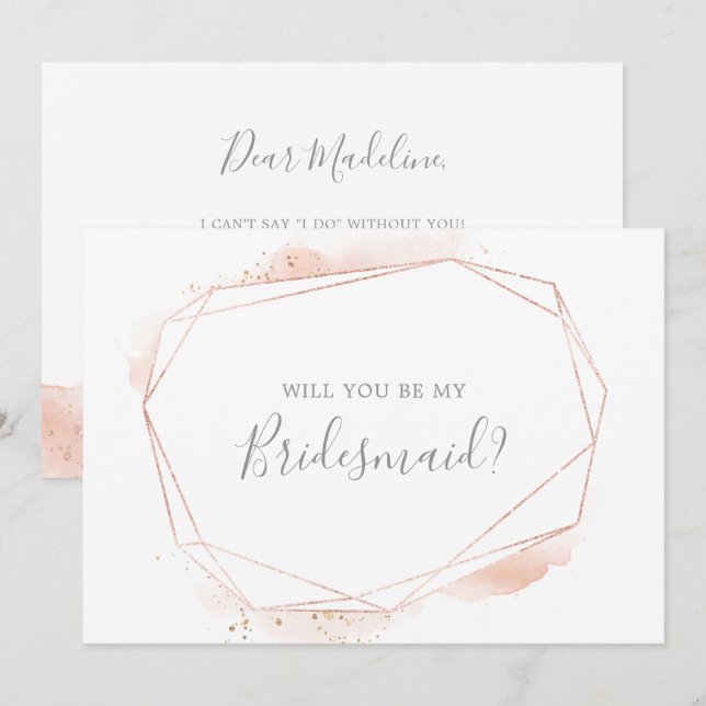 Carte de proposition rose Gold Watercolor Bridesma (Devant / Derrière)