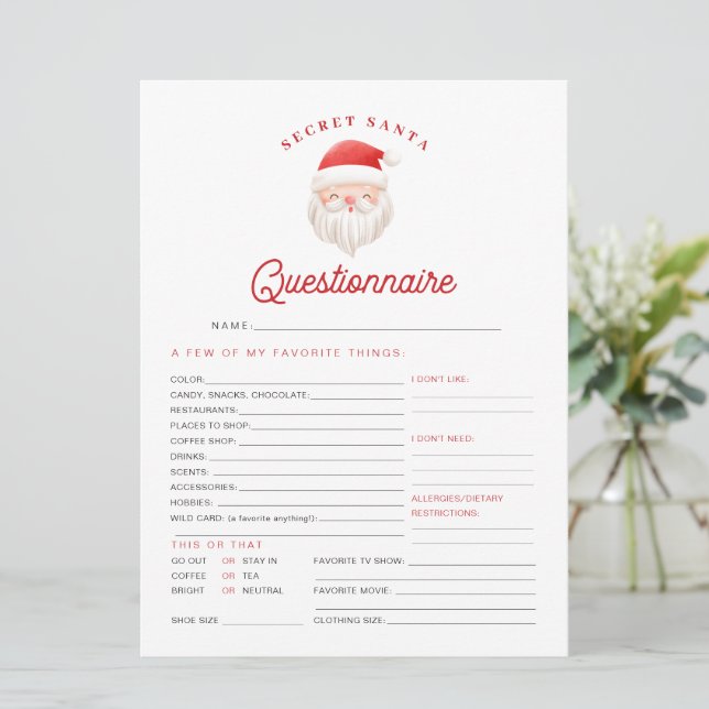 Carte de questionnaire Secret Santa de Noël KRIS (Debout devant)