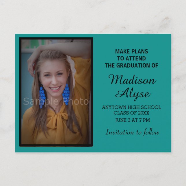 Carte de rappel de graduation photo sarcelle noire (Devant)