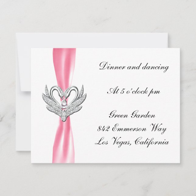 Carte de réception Cygnes argentés Ruban rose (Devant)