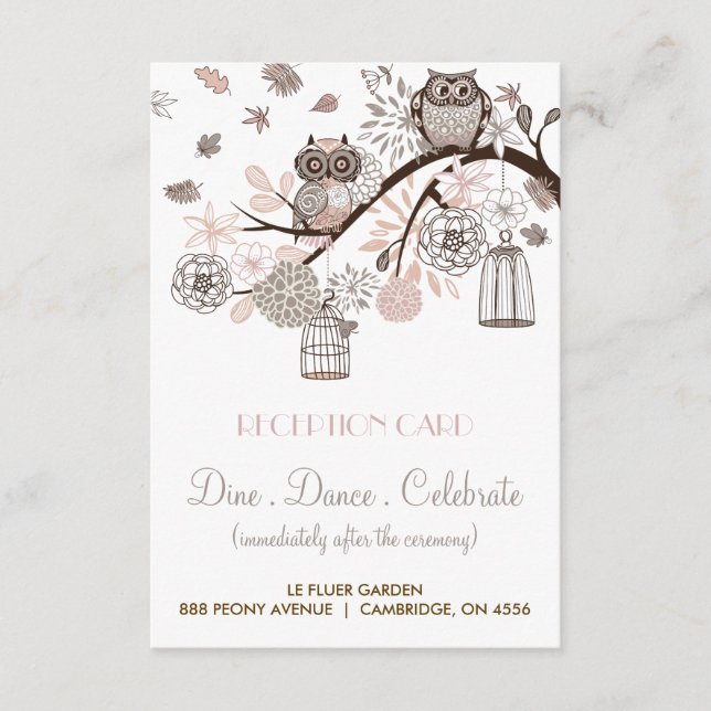 Carte de réception de mariage aux chouettes rose e (Devant)