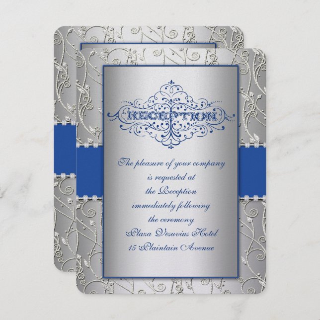 Carte de réception de mariage bleu et argent (Devant / Derrière)