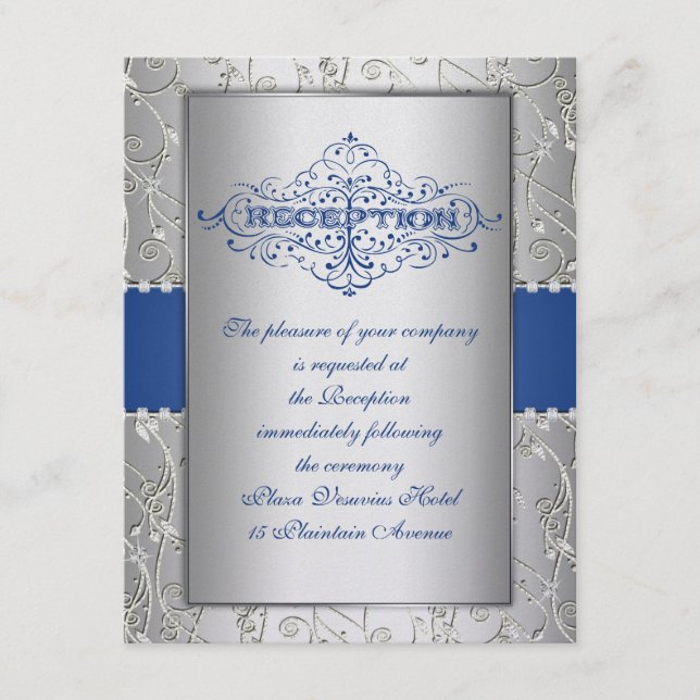 Carte de réception de mariage bleu et argent (Devant)