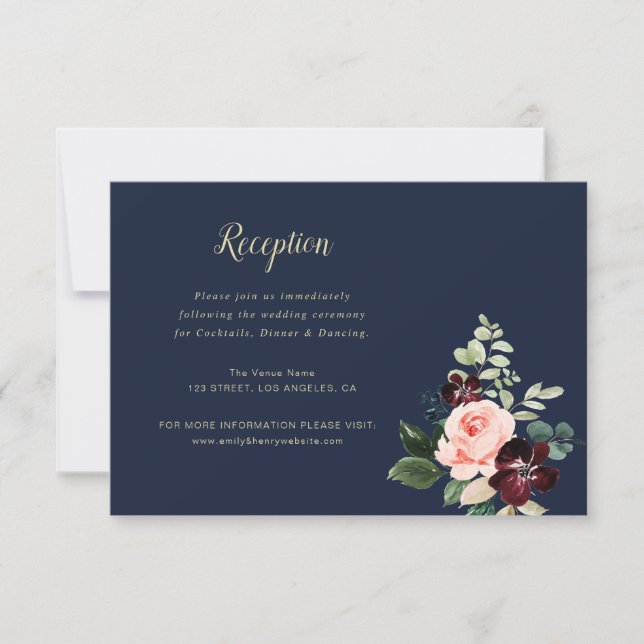 carte de réception de mariage bordeaux floral bleu (Devant)