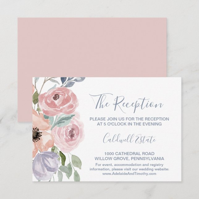 Carte de réception de mariage Dusty Rose Florals (Devant / Derrière)