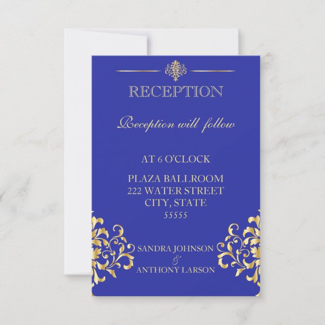 Carte de réception de mariage élégante or et bleu (Devant)