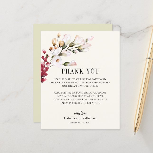 Carte de réception de mariage en Merci floral (Devant/Arrière en situation)