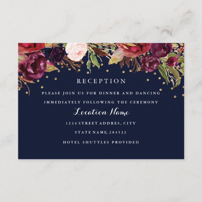Carte de réception de mariage floral or burgundy m (Devant)