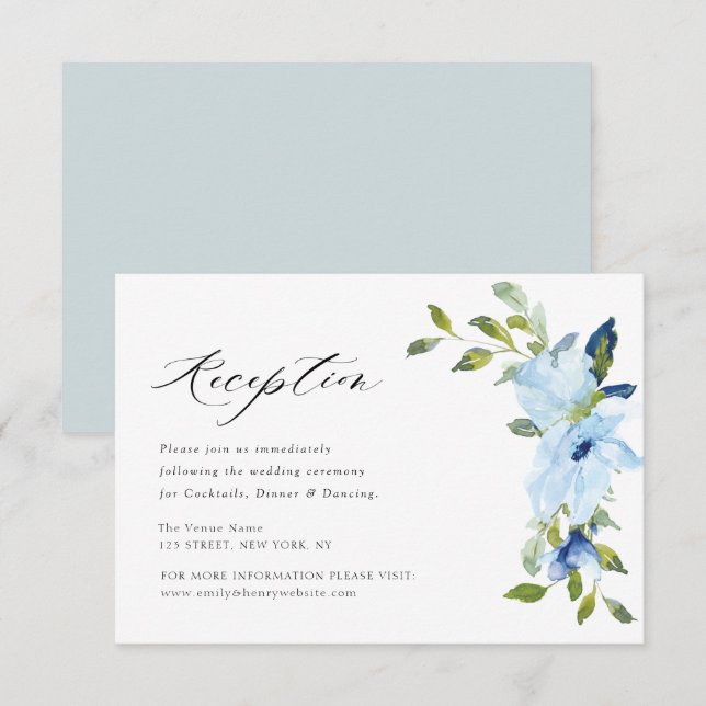 carte de réception de mariage florale bleu clair (Devant / Derrière)