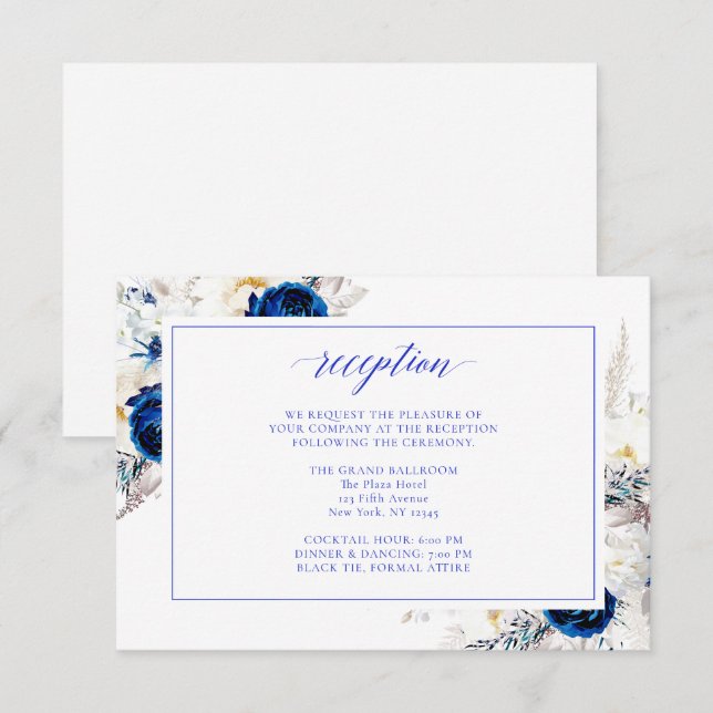 Carte de réception de mariage florale bleu royal m (Devant / Derrière)