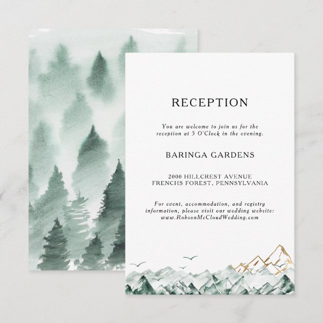 Carte de réception de mariage Green et Gold Mounta (Devant / Derrière)