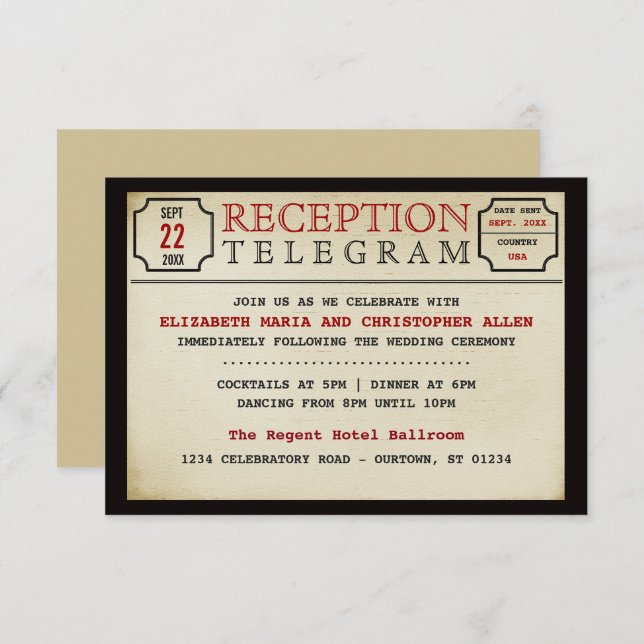 Carte de réception de mariage style télégramme vin (Devant / Derrière)