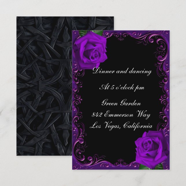 Carte de réception élégante Goth Purple Rose (Devant / Derrière)