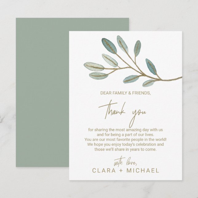 Carte de réception Eucalyptus Merci Gold Veine (Devant / Derrière)