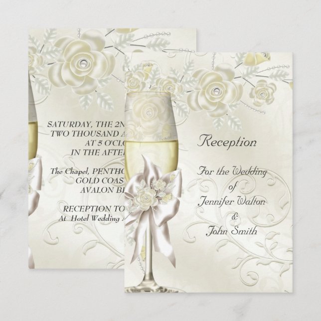 Carte de réception Mariage Gold Cream Pearl Floral (Devant / Derrière)