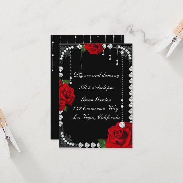 Carte De Réception Romantique Roses Rouges Et Diam (Devant/Arrière en situation)