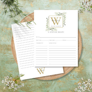 Carte de recette à monogramme doré avec verdure à