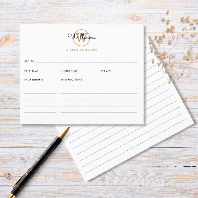 Carte de recette à monogramme doré en écriture cur (Créateur téléchargé)