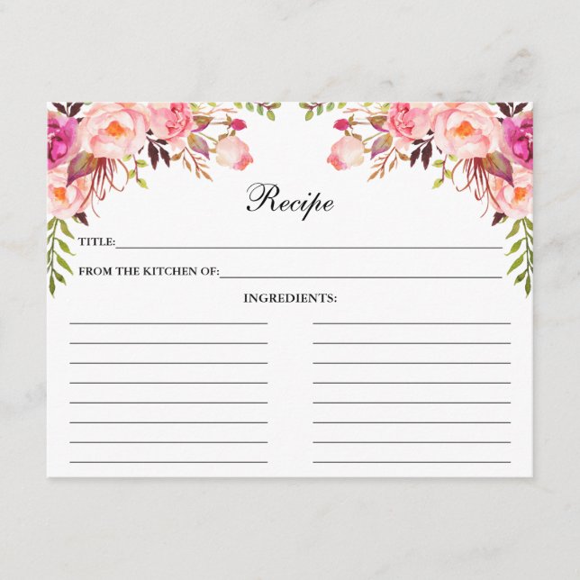 Carte de recette Aquarelle Rose Floral Douche (Devant)