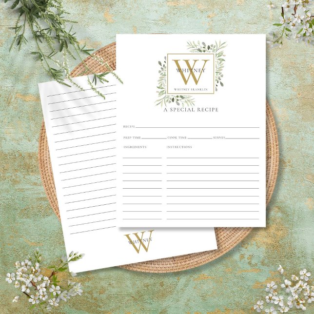 Carte de recette Aquarelle Verdure Or Monogramme (Watercolor Greenery Gold Monogram Recipe Card)