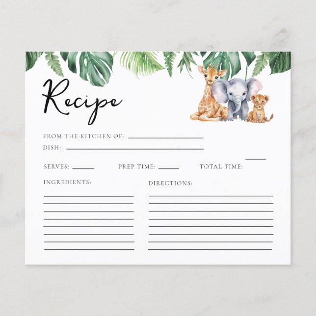 Carte de recette Baby shower Safari Aquarelle (Devant)