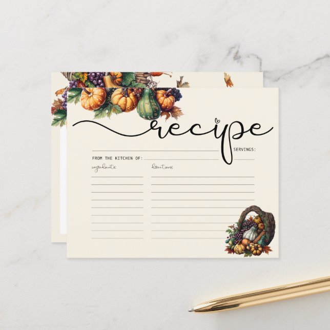 Carte de recette Citrouille Boho Watercolor (Devant/Arrière en situation)