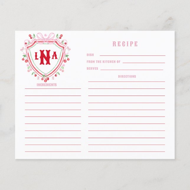 Carte de recette Coquette Cerise Crest Monogramme (Devant)