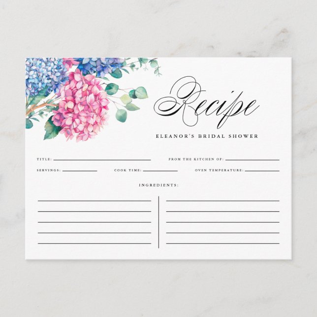 Carte de recette de Baby Shower Fleurs d'Hydrangea (Devant)