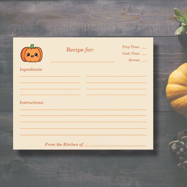 Carte de recette de Fête des mariées Citrouille mi (Cute Pumpkin Recipe Card)