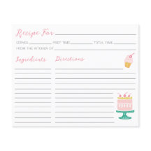 Carte de recette de gâteau rose Preppy