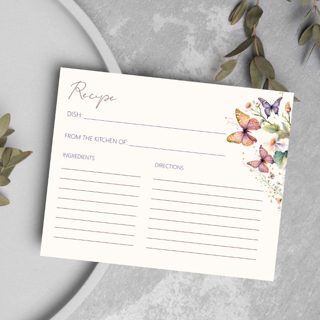 Carte de recette de la nuptiale fleurie des papill (Butterflies floral bridal shower recipe card spring summer garden bridal shower recipe card)