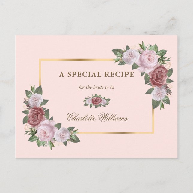 Carte de recette de mariage floral rose doré (Devant)