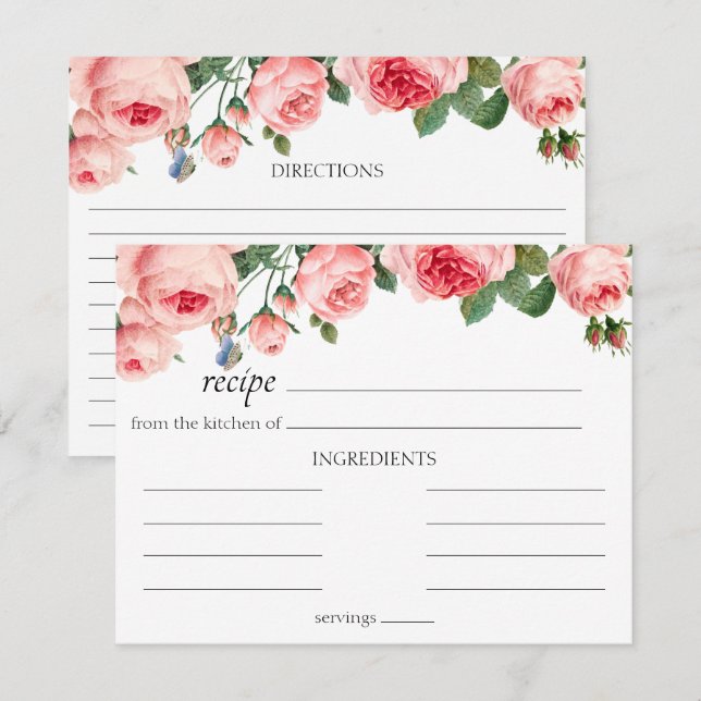Carte de recette de Mariage floral rose vif (Devant / Derrière)