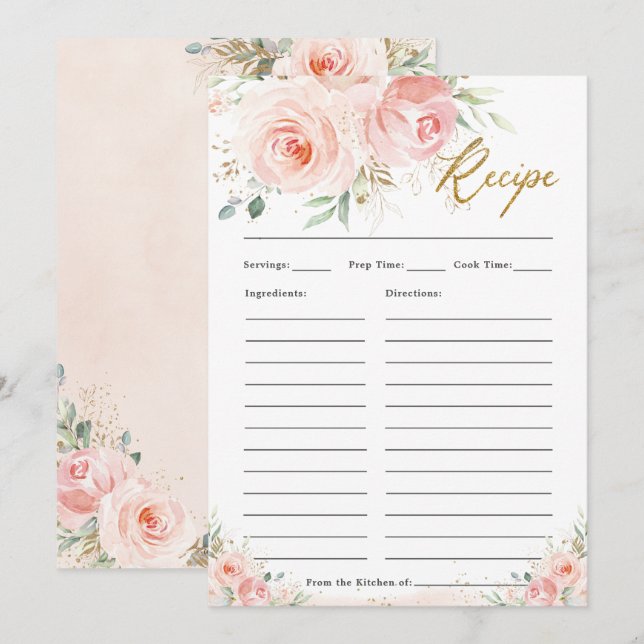 Carte de recette de mariage florale rose blush élé (Devant / Derrière)