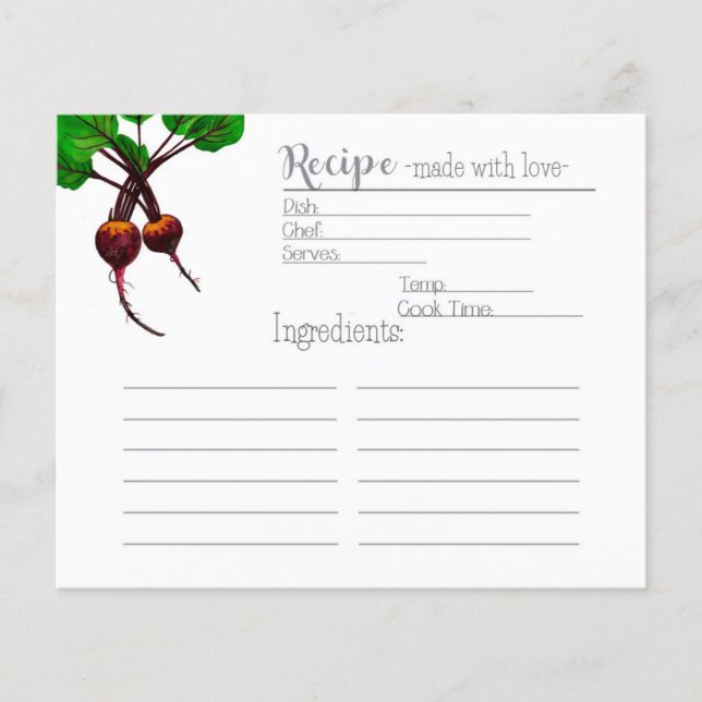Carte de recette des betteraves du jardiner (Devant)